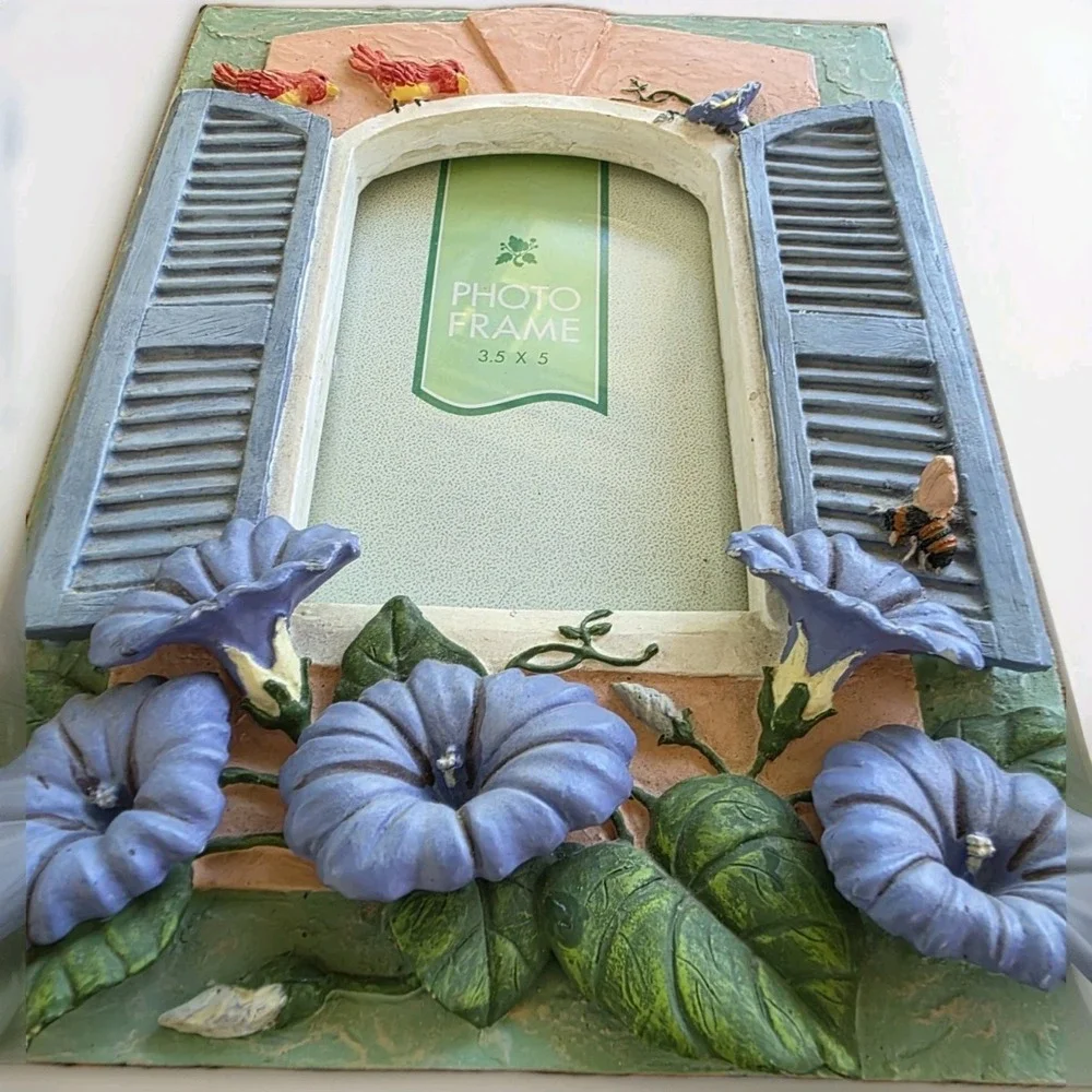 Vintage Cottagecore Floral Photo Frame Birds Bee Blue Shutters 3.5x5 Shabby Chic